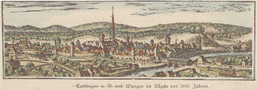 Historische Ansicht von Wangen im Allgu, Kopie des Stiches von Merian (1643) aus dem Zeitraum 1860-70